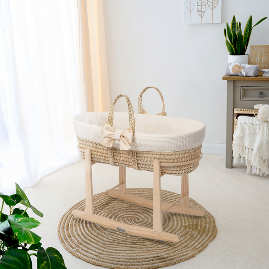 Clair de Lune Chelsea Palm Moses Basket With Natural Rocking Stand - Cream