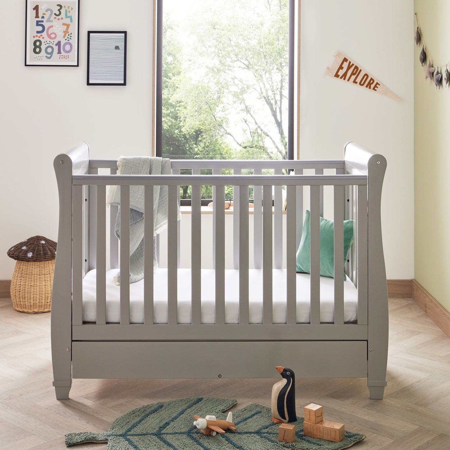 Babymore Eva Sleigh Cot Bed Drop Side with Drawer - Grey