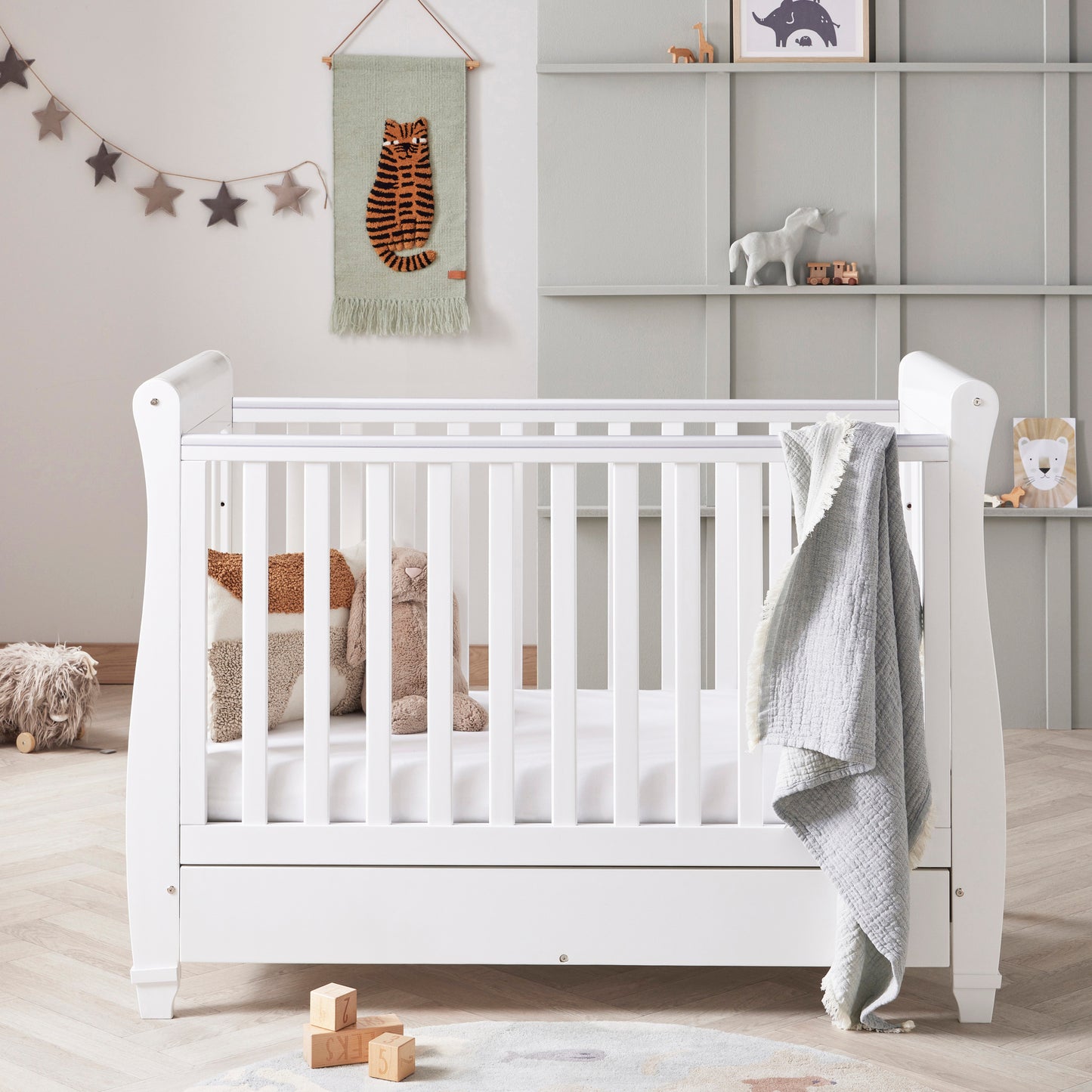 Babymore Eva Sleigh Cot Bed Drop Side with Drawer - White