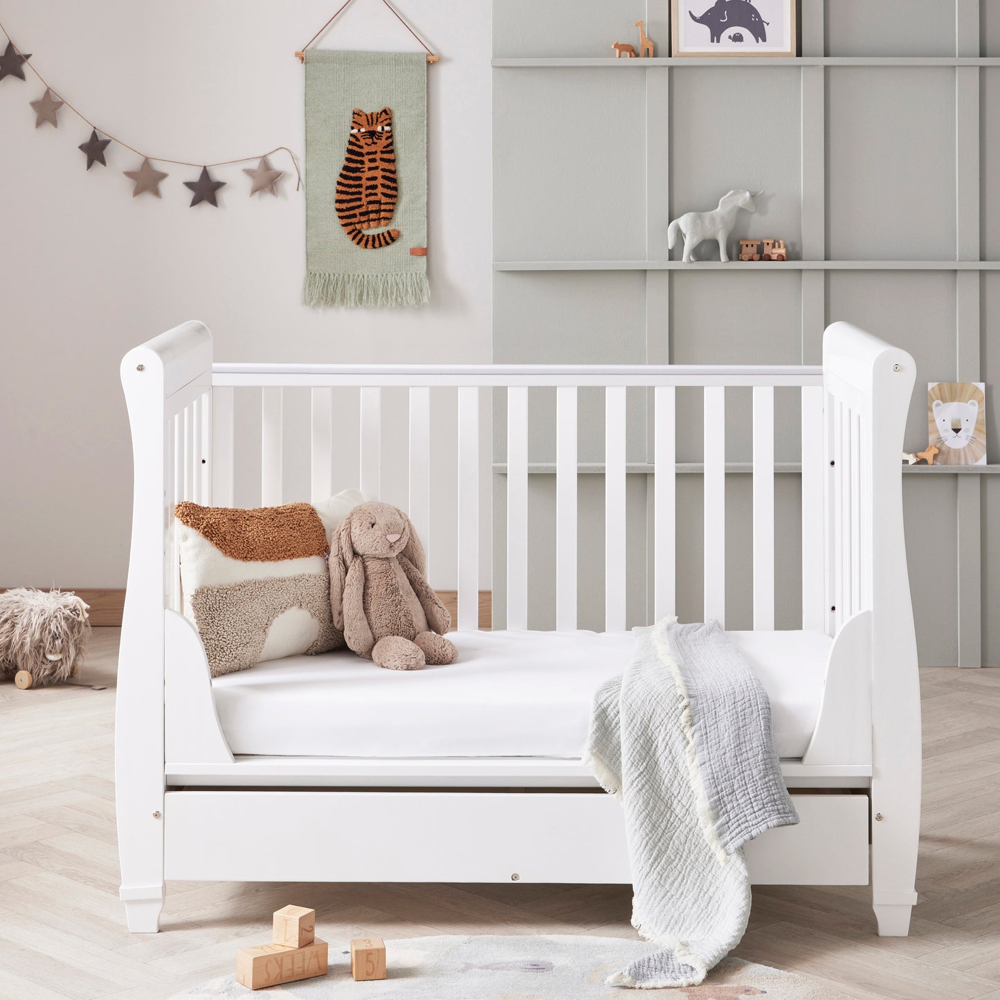 Babymore Eva Sleigh Cot Bed Drop Side with Drawer - White