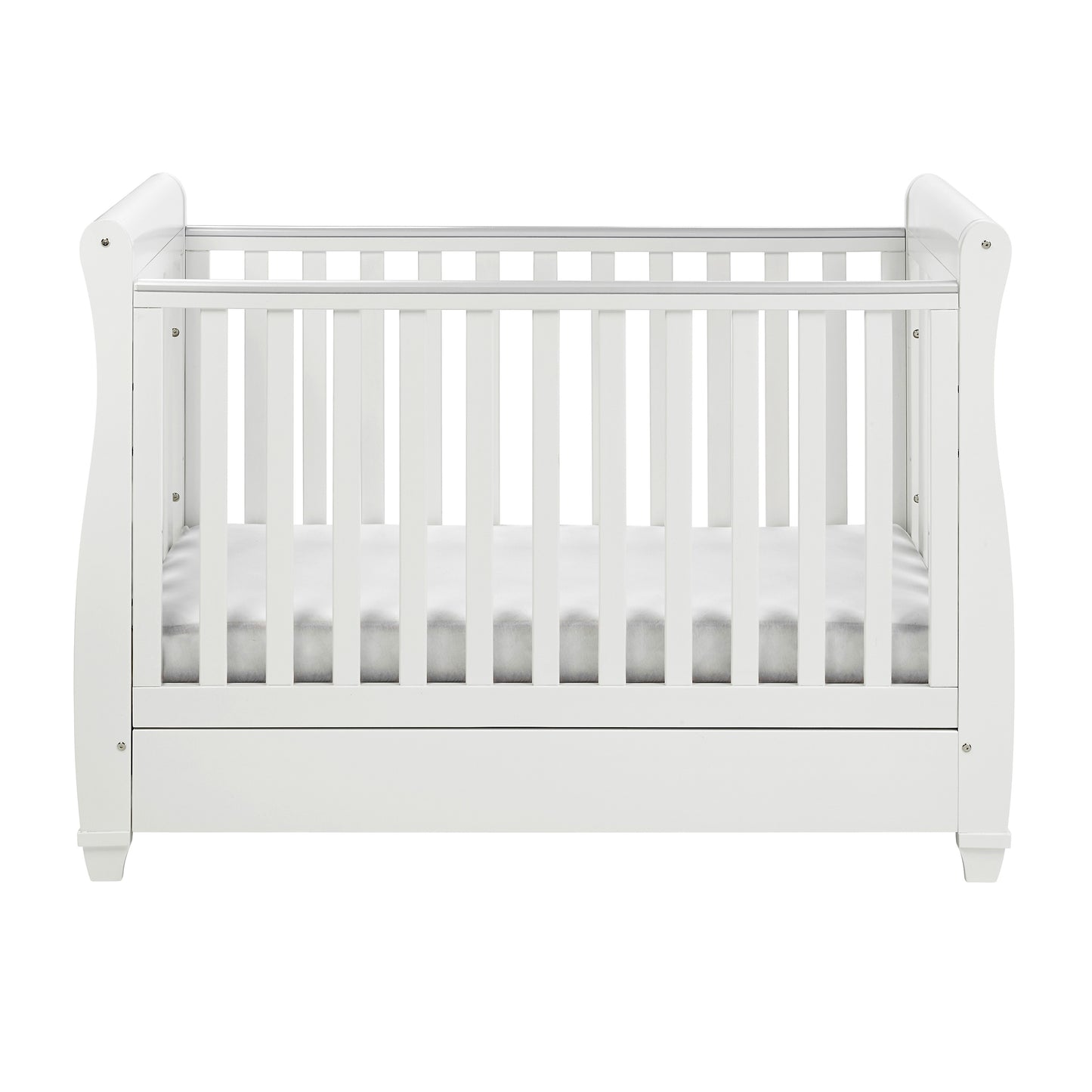 Babymore Eva Sleigh Cot Bed Drop Side with Drawer - White