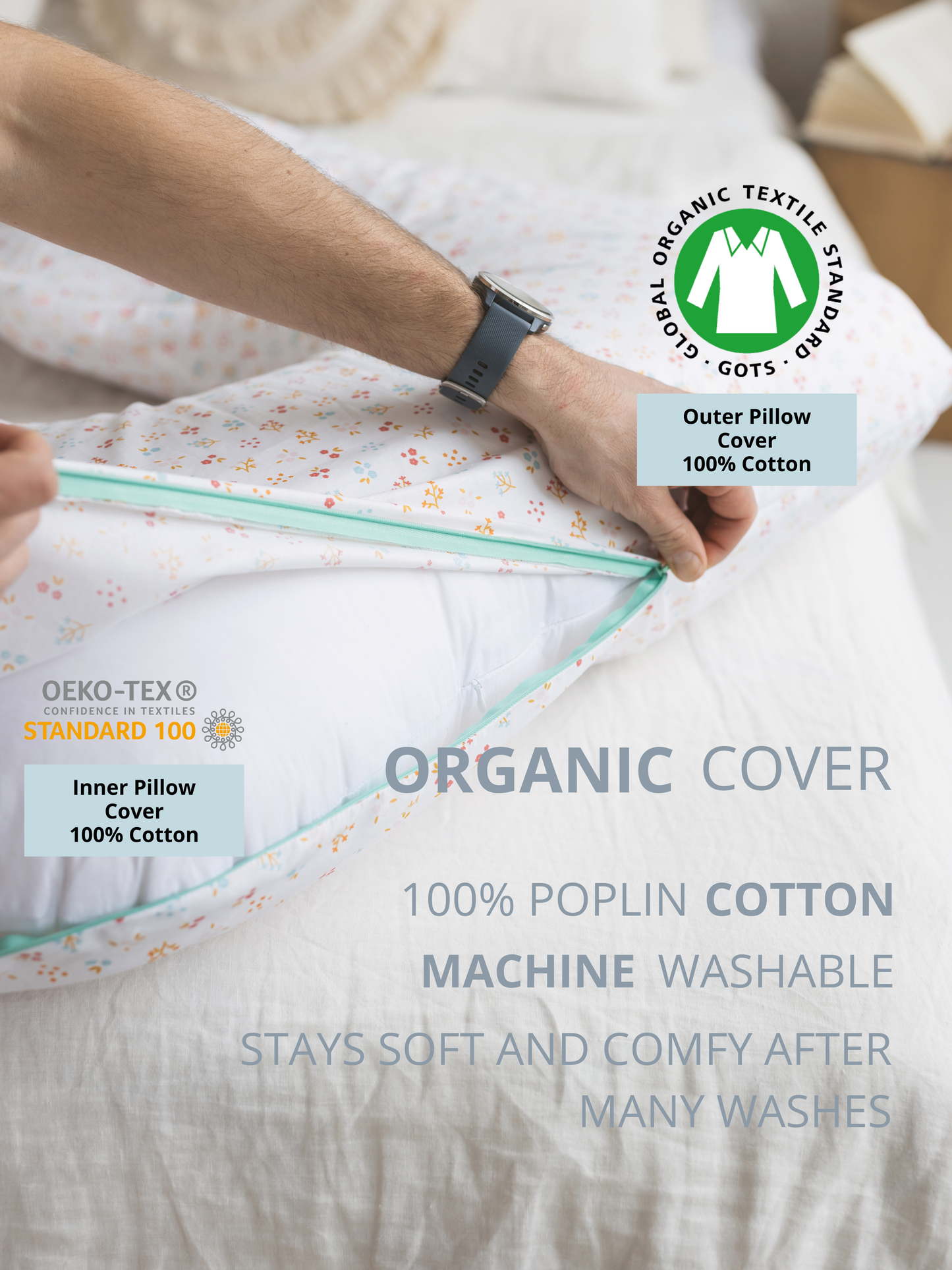 Minicamp U Shape Maternity Pillow for Sleeping With GOTS Certified Cotton Cover and Kapok Filling - Milk White