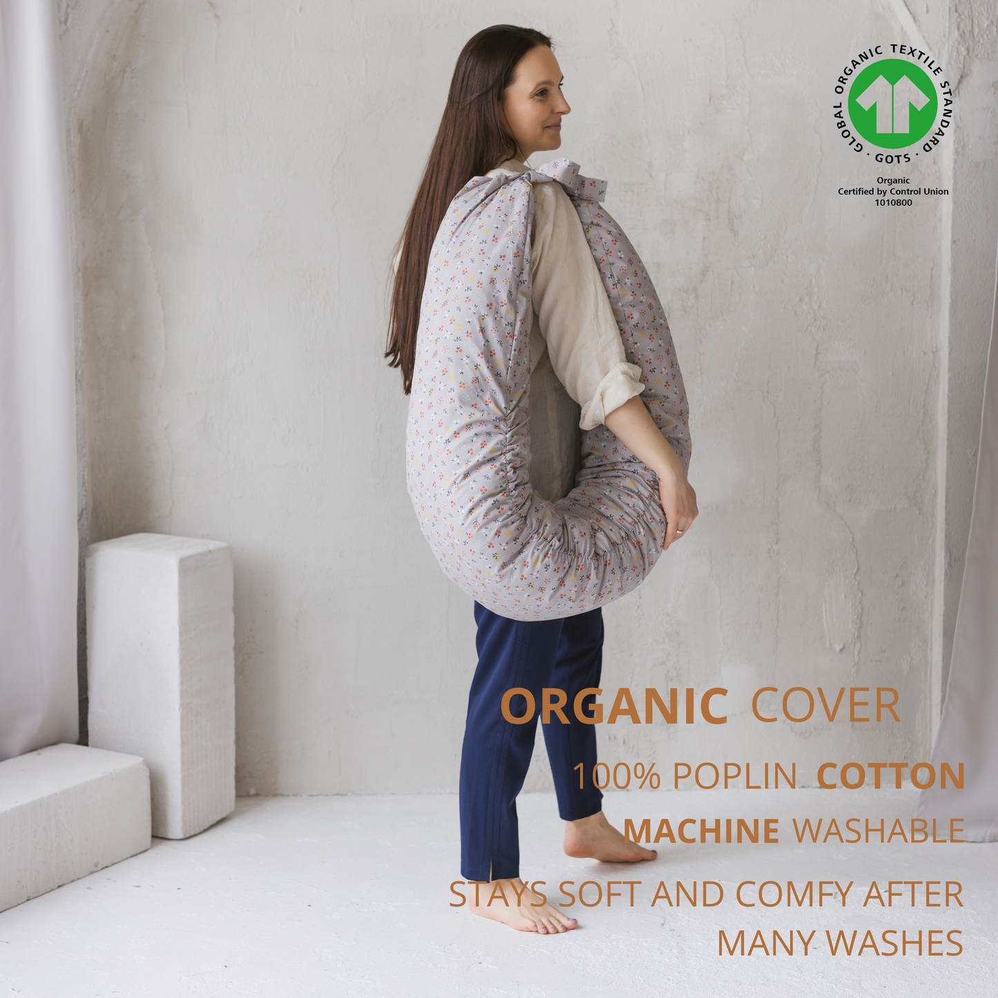 Minicamp Nursing and Pregnancy Pillow in C-Shape With Organic Cover and Natural Kapok Filling in Grey